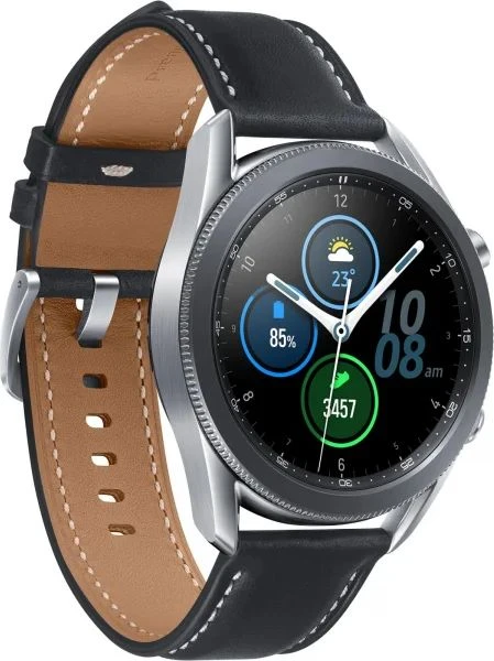 Išmanusis laikrodis Samsung Galaxy Watch3 (41 mm), Sidabrinės spalvos korpusas su juodos spalvos odiniu dirželiu