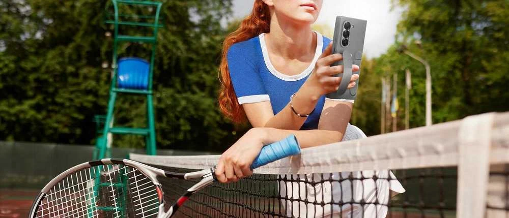 Dėklas Samsung Galaxy Fold6 stovimas dangtelis su pilku dirželiu