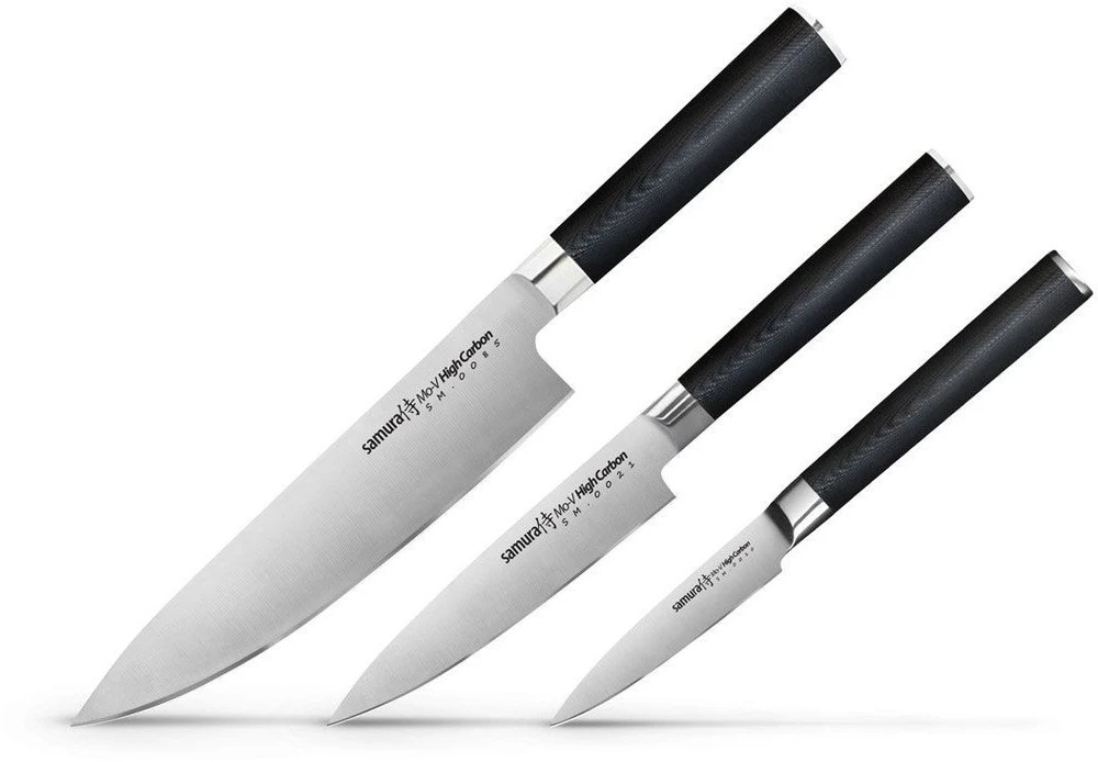 Samura MO-V rinkinys 3vnt. peiliai Pjovimas 90mm / Naudingumas 125mm / Virėjos 200mm iš AUS 8 Japoniškas plienas 59 HRC