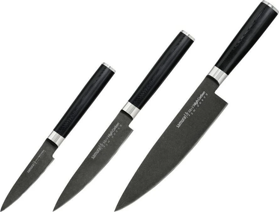 Samura MO-V Stonewash Set 3x universalūs peiliai (Chefs, Univesal, Paring) iš AUS 8 japoniško plieno 59 HRC