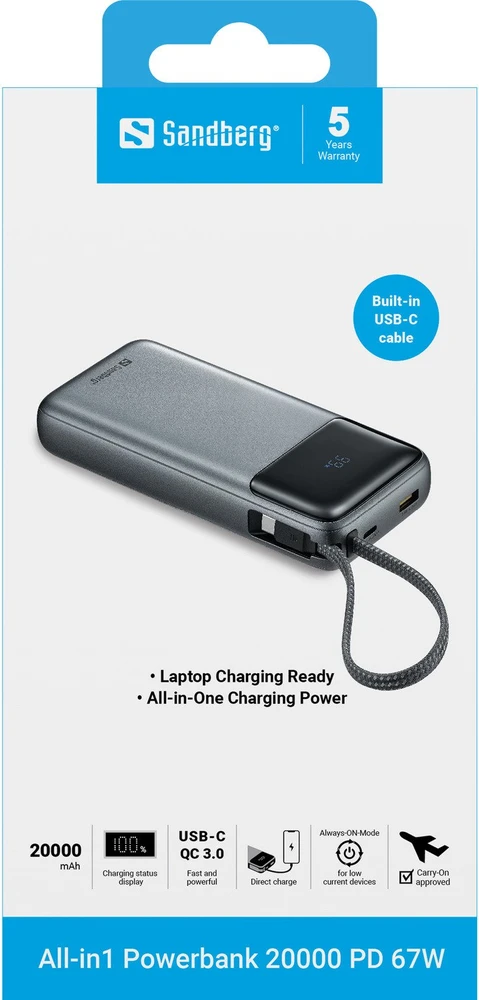 Sandberg 20000 mAh powerbankas su integruotu USB-C laidu, PD 67 W