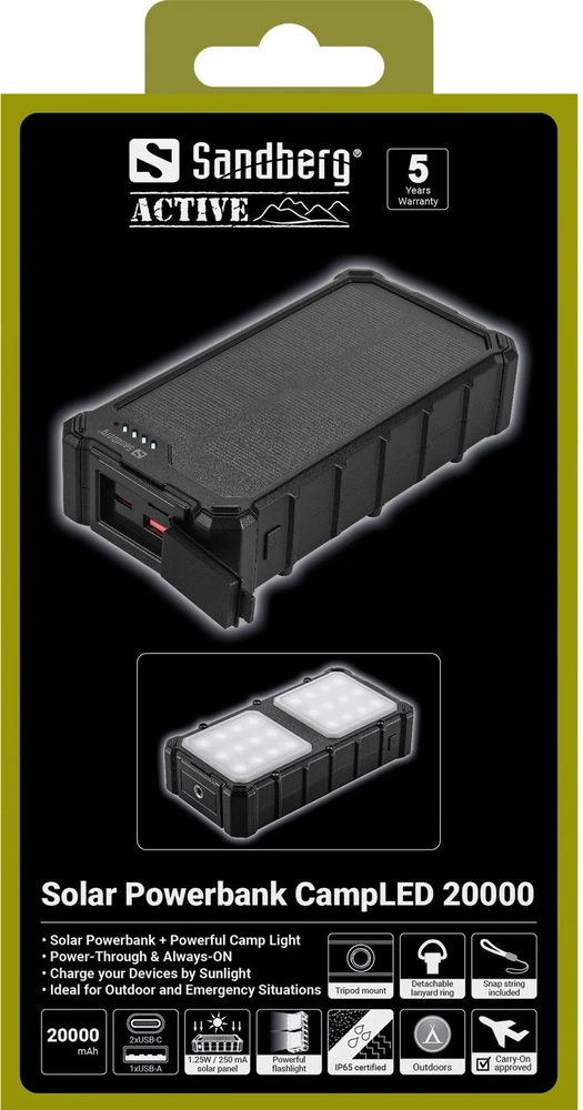 Sandberg Saulės energija įkraunamas powerbankas su stovyklavimo žibintu, 20000 mAh