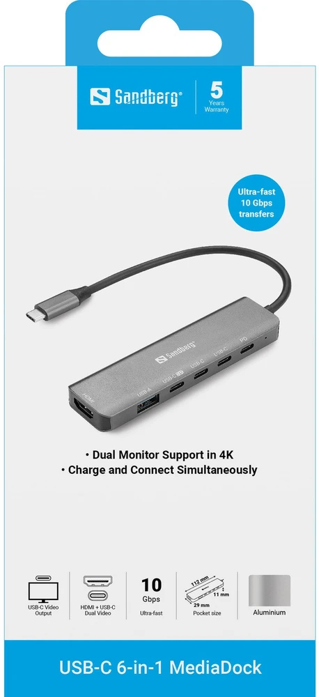 Sandberg 136-77 USB-C 6 viename medijos stotelė