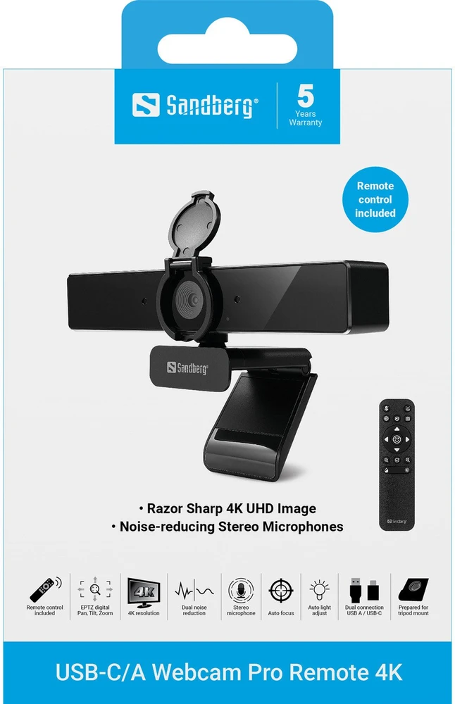 Internetinė kamera Sandberg USB-C/A Webcam Pro Remote 4K Juodas