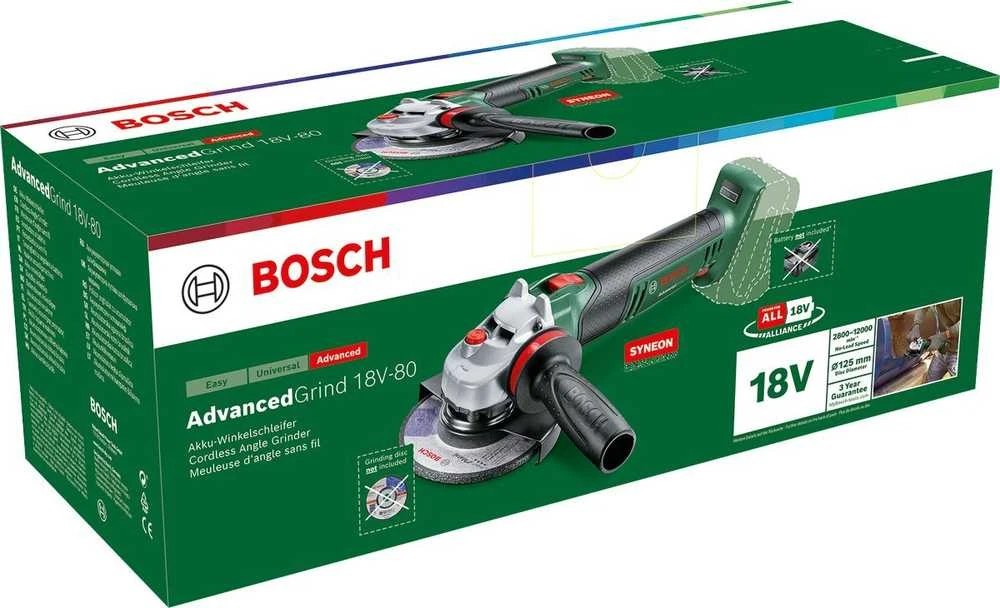 Bosch Akumuliatorinis kampinis šlifuoklis AdvancedGrind 18V-80 125mm be akumuliatoriaus ir kroviklio
