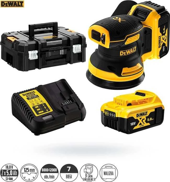 DEWALT akumuliatorinis bešepetėlinis ekscentrinis šlifuoklis DCW210P2 18V 125mm 2x5,0Ah
