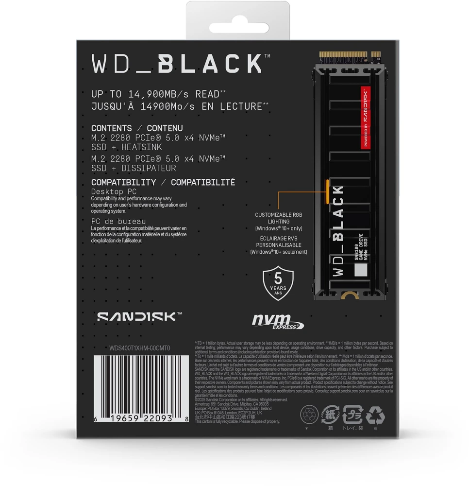 Sandisk „Western Digital“ Juodas SN8100 4 TB M.2 PCI Express 5.0 NVMe TLC 3D NAND diskas
