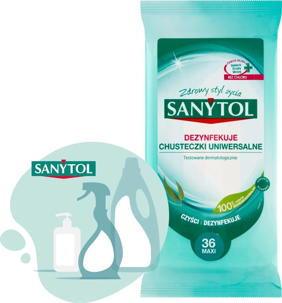 SANYTOL universalios eukalipto servetėlės valo ir dezinfekuoja, 36 vnt.