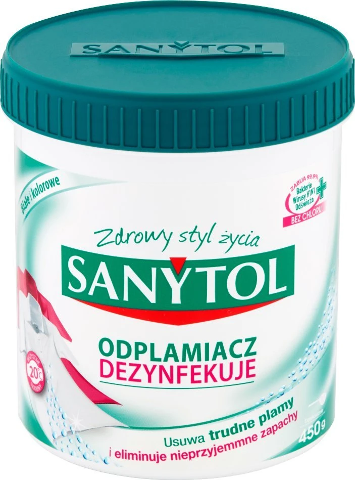 SANYTOL dėmių valiklis spalvotiems ir baltiems skalbiniams, 450 g