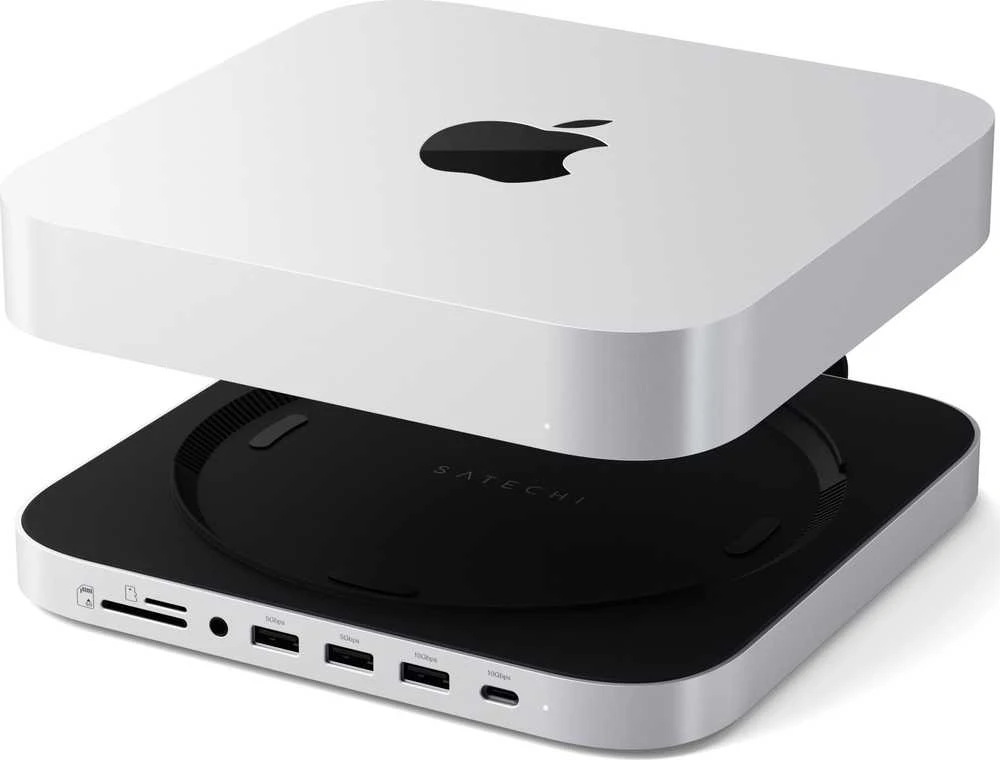 SATECHI Mac Mini stovas ir stebulė su NVMe SSD korpusu - Sidabrinis