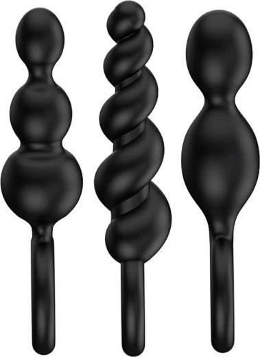 „Satisfyer Booty Call“ analinių kamštukų rinkinys su stimuliuojančia Juodo struktūra