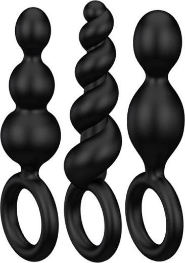 „Satisfyer Booty Call“ analinių kamštukų rinkinys su stimuliuojančia Juodo struktūra