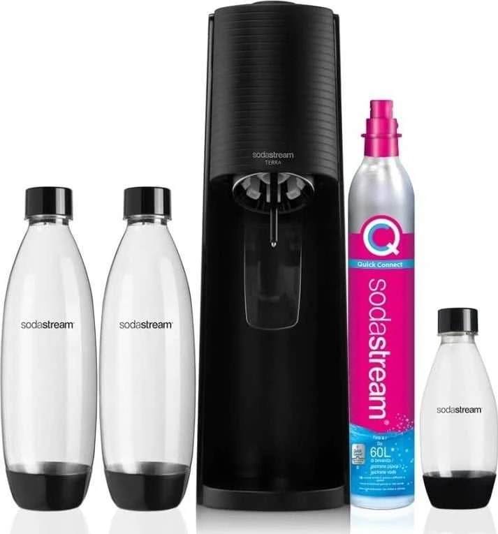 Gazuotų gėrimų gaminimo aparato SodaStream Terra rinkinys, juodas +DOVANA Bubly drops™ persikų skonio SodaStream sirupas