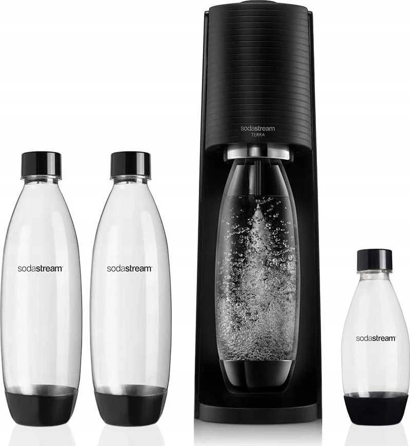 Gazuotų gėrimų gaminimo aparato SodaStream Terra rinkinys, juodas +DOVANA Bubly drops™ persikų skonio SodaStream sirupas