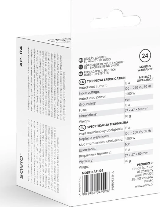 Savio Adapteris kelioninis, gniazdo EU - wtyk UK AP-04