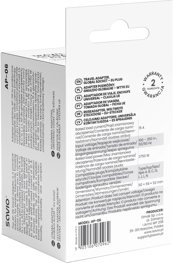 Savio AP-06 maitinimo adapteris/keitiklis Universalus 3750 W Baltas