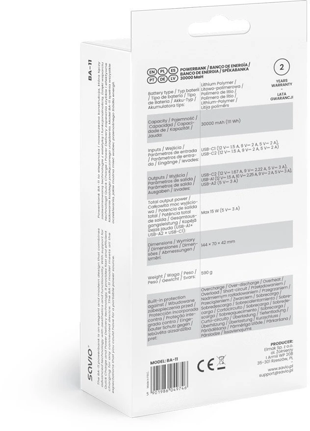 Savio BA-11 30000 mAh balta