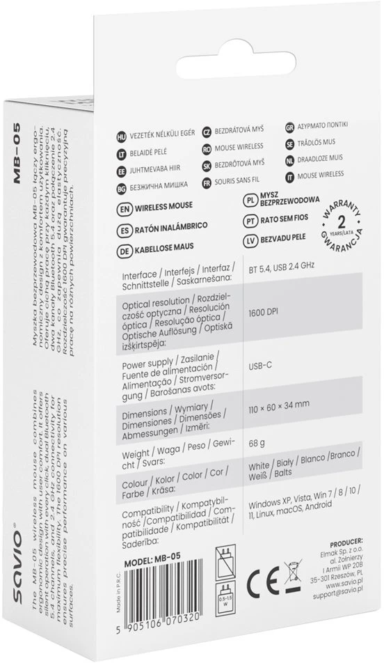 Savio MB-05 pelė Universal Ambidextrous Bluetooth 1600 DPI