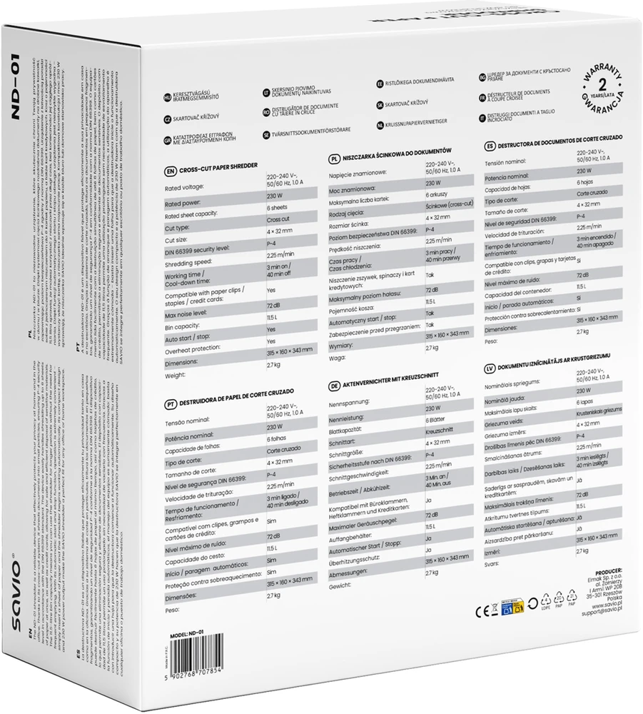 Savio ND-01 dokumentų smulkintuvas Kryžminis smulkinimas 72 dB Juodas