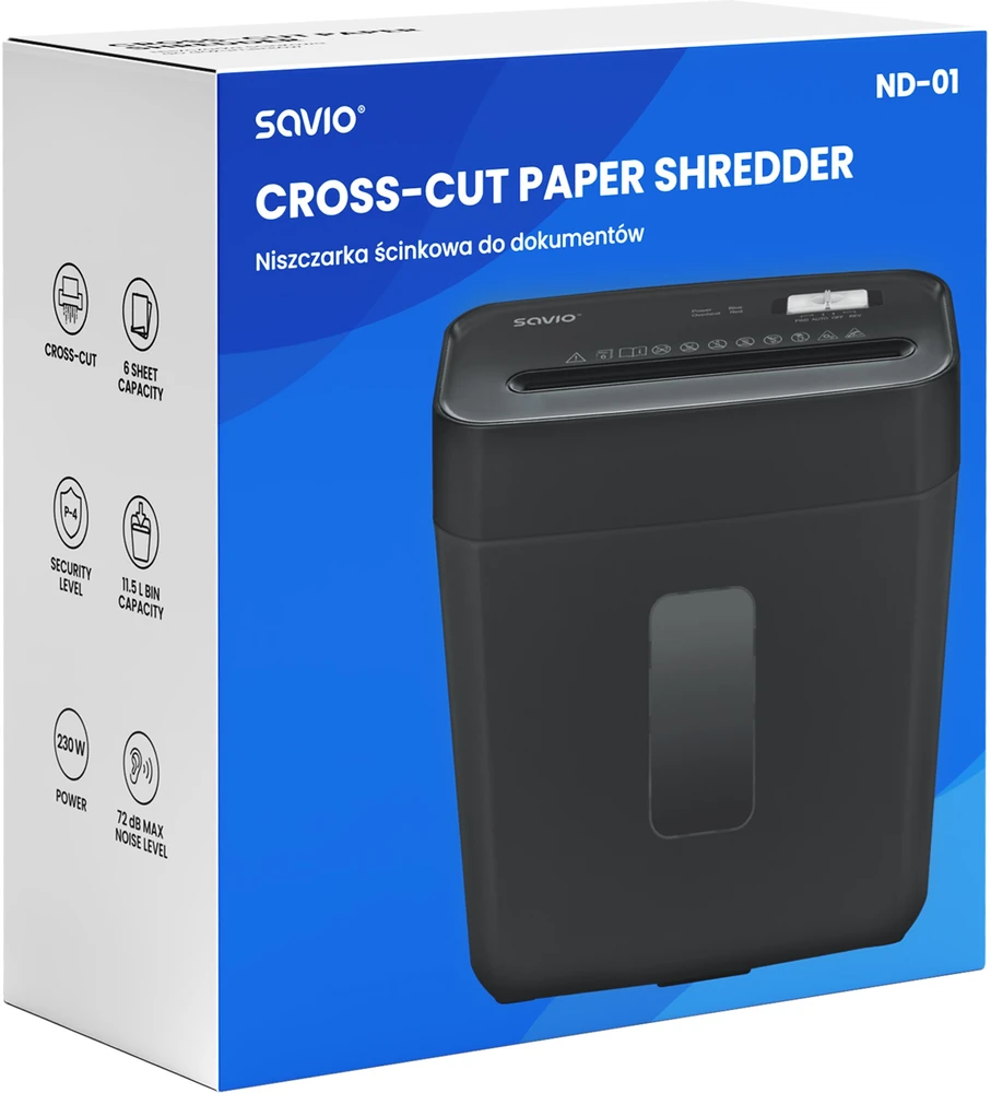 Savio ND-01 dokumentų smulkintuvas Kryžminis smulkinimas 72 dB Juodas