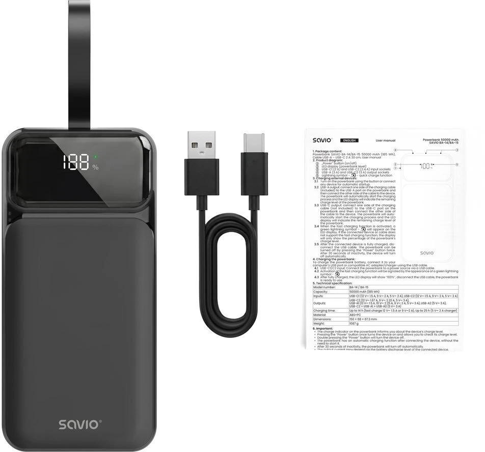 Savio Powerbank 50000 mah juoda ba-14