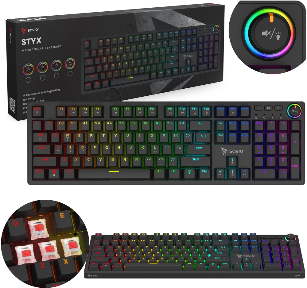 SAVIO STYX Mechaninė klaviatūra Outemu Raudona, Hot Swap, RGB