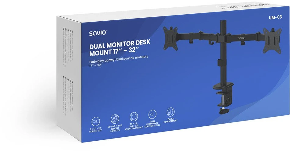„Savio UM-03“ dvigubas stalo laikiklis, skirtas „Monitorius“ 17–32 colių monitoriams
