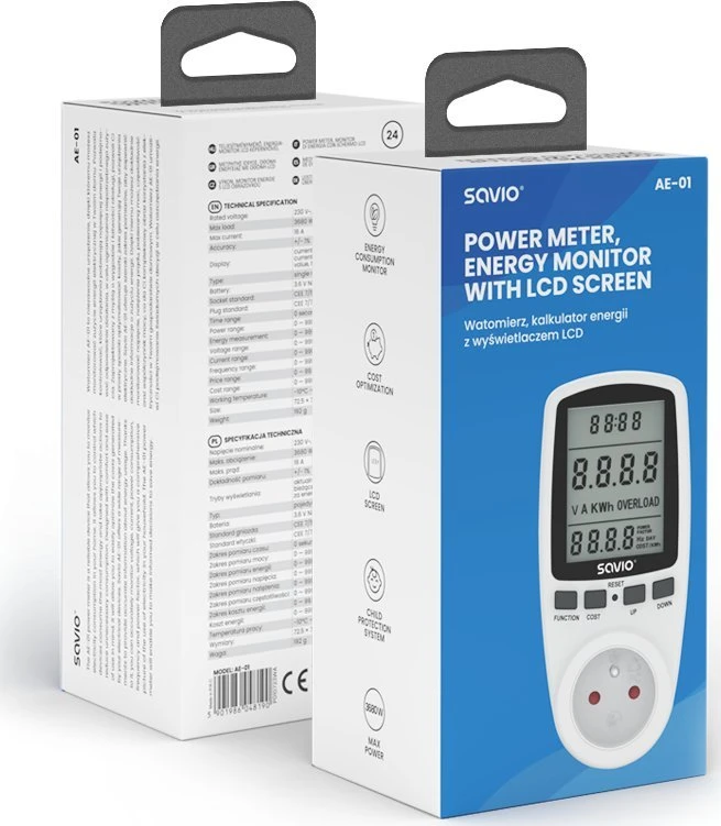 SAVIO AE-01 Vatmetras, energijos skaičiuotuvas su LCD ekranu