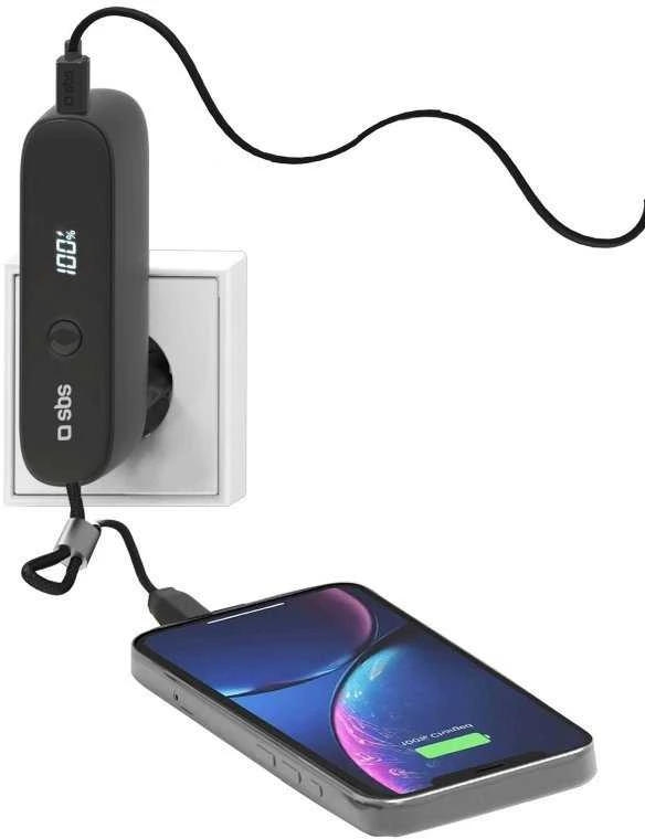 SBS Hybrid PD 20W 5000mAh išorinė baterija su įmontuotu laidu ir sulankstomu kištuku - Juodas