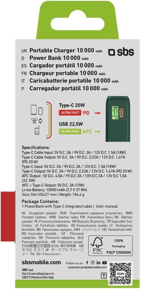 SBS 10000 mAh USB-C žalia