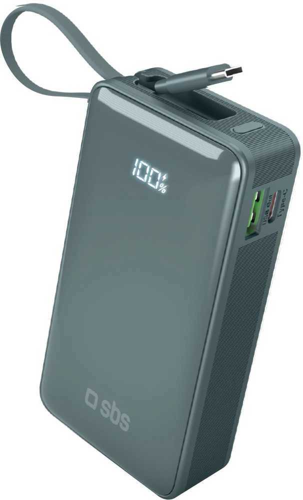 Išorinė baterija SBS 10000 mAh 20W su integruotu USB-C laidu ir skaitmeniniu ekranu - pilka