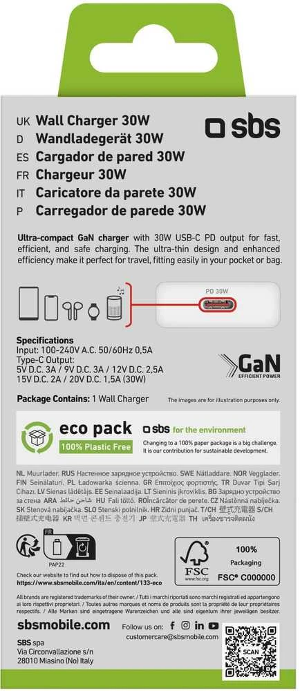 Įkroviklis SBS Mobile UltraSlim podróżna 1 USB-C (TETRGAN1C30SLIM)