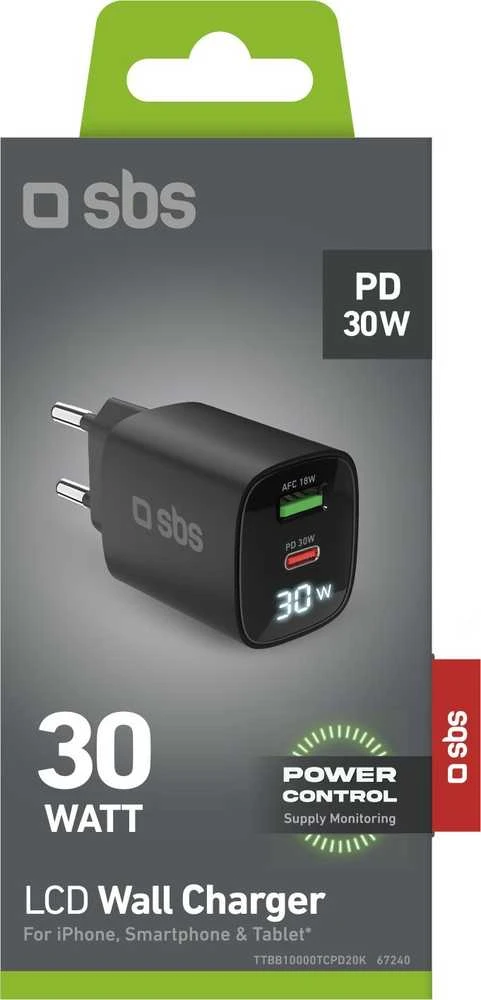 SBS 30W USB-A, USB-C juodas, su ekranu