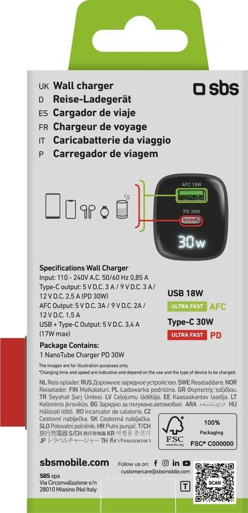 SBS 30W USB-A, USB-C juodas, su ekranu