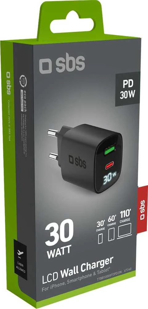 SBS 30W USB-A, USB-C juodas, su ekranu