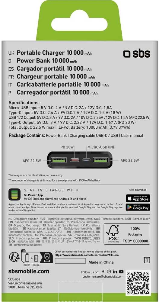 Išorinė baterija SBS TTBB10000FASTPD20K 10000 mAh 20W su maitinimo šaltiniu – juodas