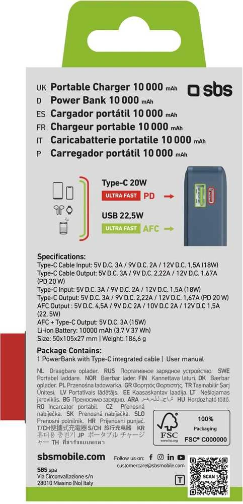 Išorinė baterija SBS 10000 mAh 20W su integruotu USB-C laidu ir skaitmeniniu ekranu - tamsiai pilka