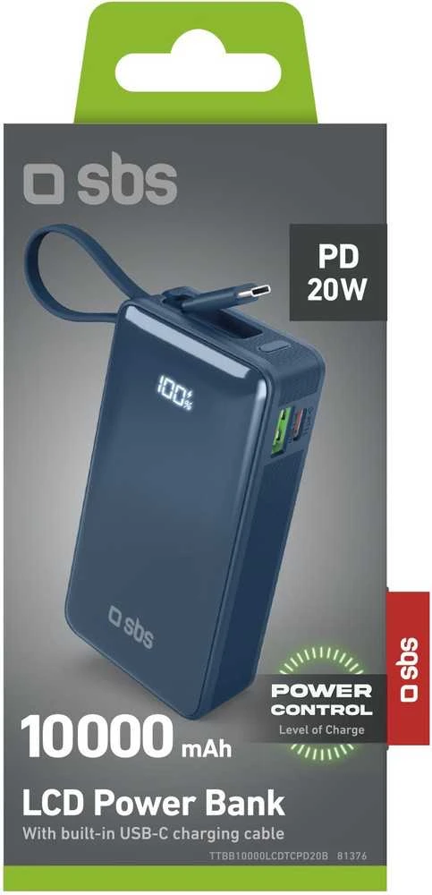 Išorinė baterija SBS 10000 mAh 20W su integruotu USB-C laidu ir skaitmeniniu ekranu - tamsiai pilka