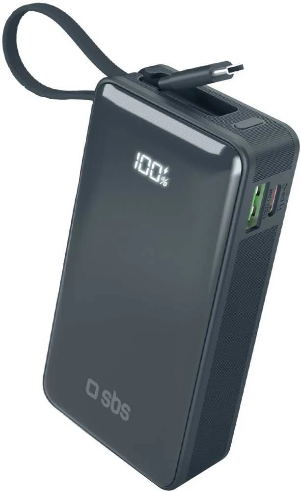 Išorinė baterija SBS 10000 mAh 20W su integruotu USB-C laidu ir skaitmeniniu ekranu - tamsiai pilka