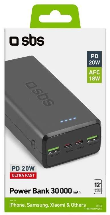 Fast charge power bank: 20,000 mAh, 2 USBs juodos spalvos