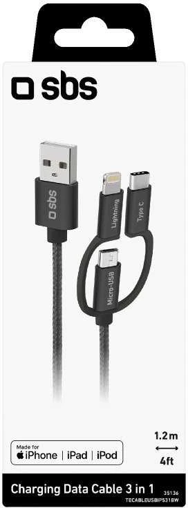 Kabelis SBS 3-in-1 USB/USB-C/MicroUSB/Lightning 1,2m