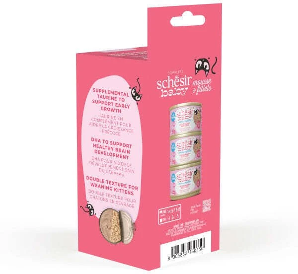 Schesir Baby Mousse drėgnas ėdalas kačiukams su vištiena ir lasiša, 3 x 55 g, skardinė