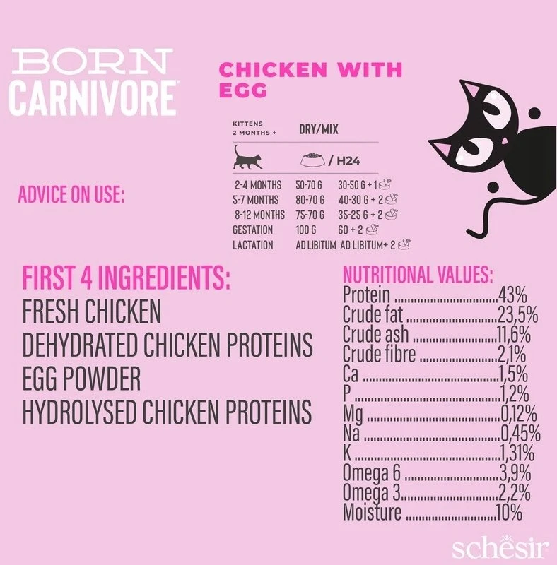 Schesir Born Carnivore, sausas maistas, dla kociąt, vištiena su jajkiem, 1,25 g, maišelis