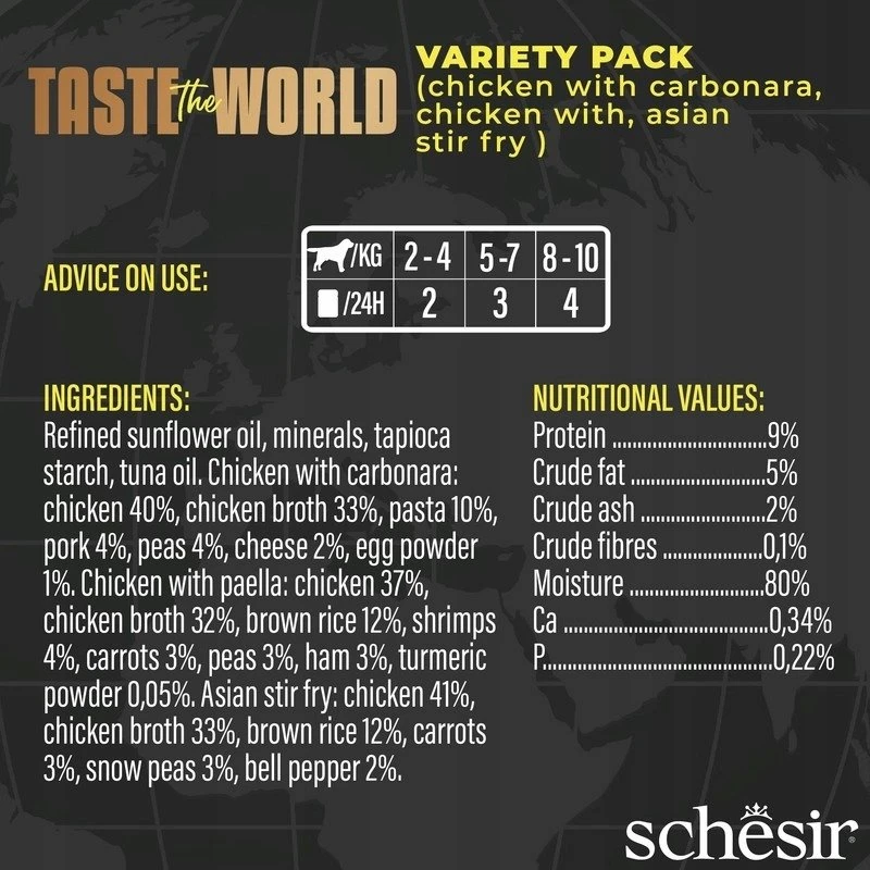 Schesir Taste the world rinkinys, šlapias maistas, šunims, įvairių skonių, 6x150 g, konservai