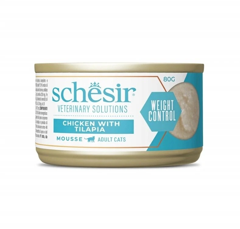 Schesir Veterinary Solutions Weight control, karma morka, katei, vištiena i tilapia, mus, 8x80g, puszka, Opak (SR-3062)