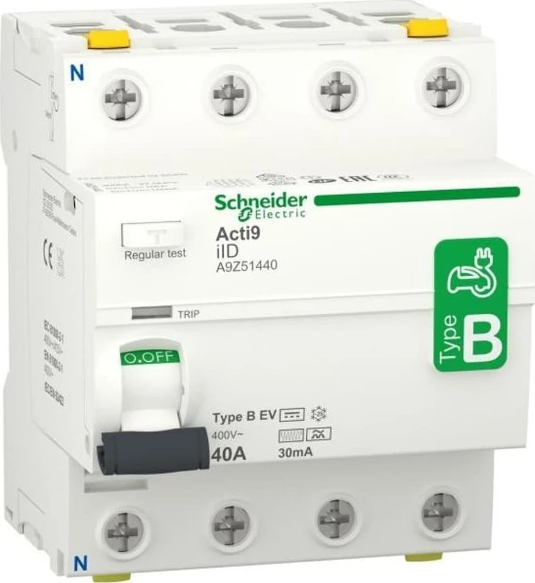Schneider Electric „Schneider Acti9“ 4P 40A 0,03A liekamosios srovės automatinis jungiklis, B-EV tipas, iID-40-4-30-B-EV 40A A9Z51440