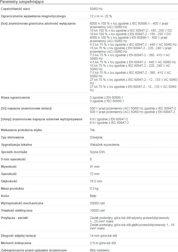 Schneider Electric IC60N perjungimo jungiklis 4P 16A D (A9F05416) charakteristikos