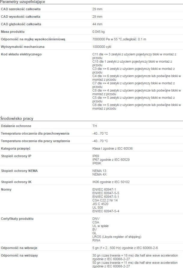 ZB4BD4 jungiklio techninių parametrų specifikacija