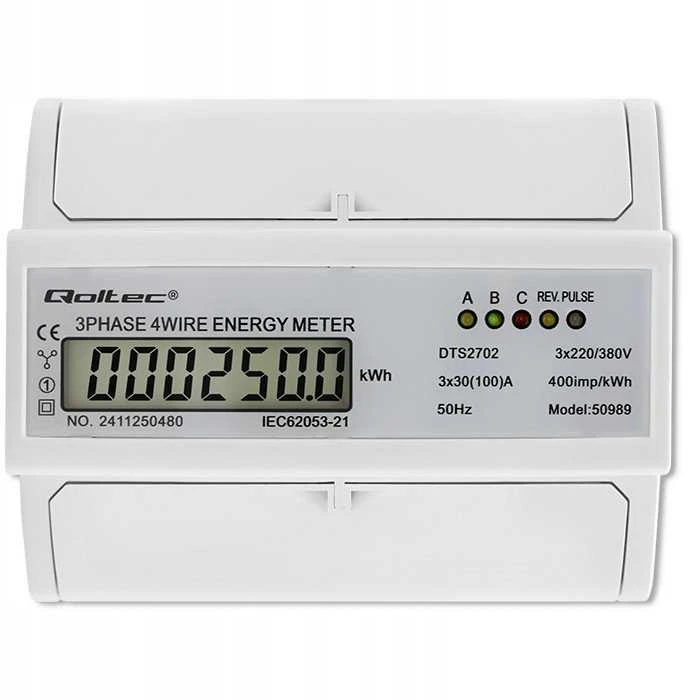 „Qoltec“ 3 fazių dvikryptis elektroninis skaitiklis | Energijos skaitiklis, montuojamas ant DIN bėgelio | 400 V | 100 A | LCD | 4P