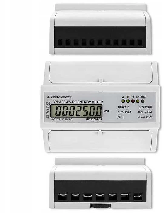 „Qoltec“ 3 fazių dvikryptis elektroninis skaitiklis | Energijos skaitiklis, montuojamas ant DIN bėgelio | 400 V | 100 A | LCD | 4P